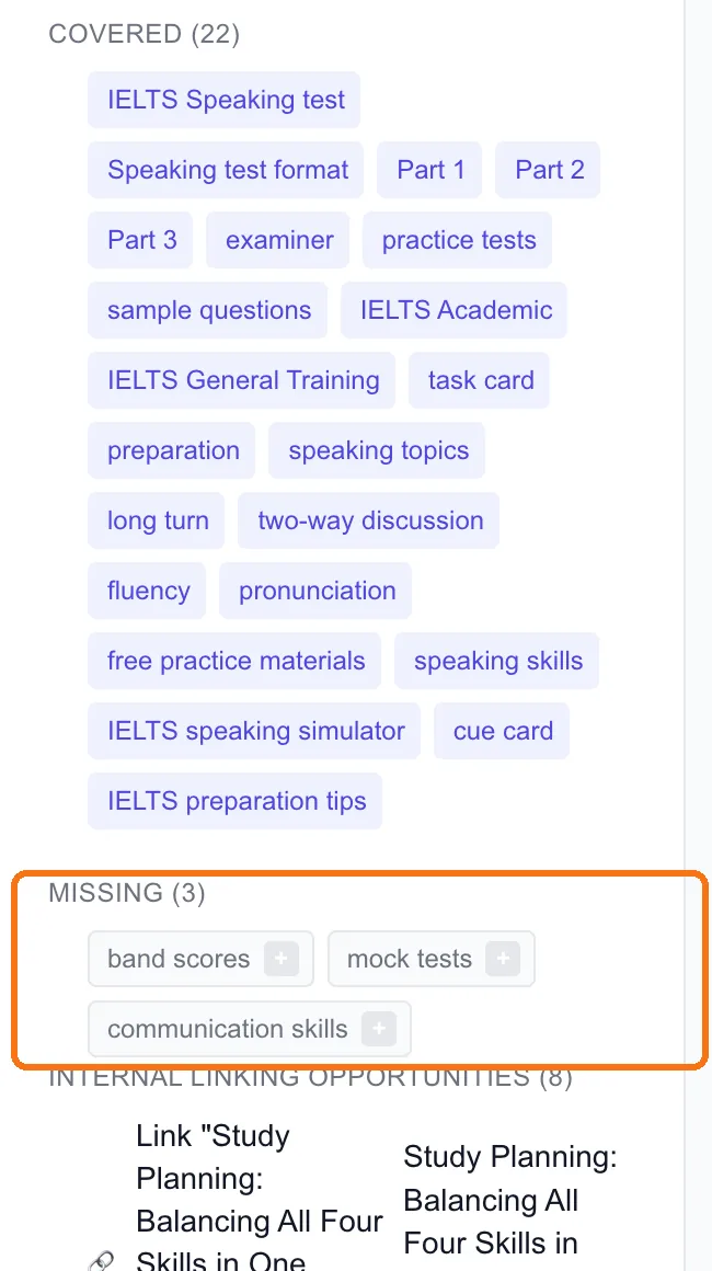 Missing terms and internal linking opportunities