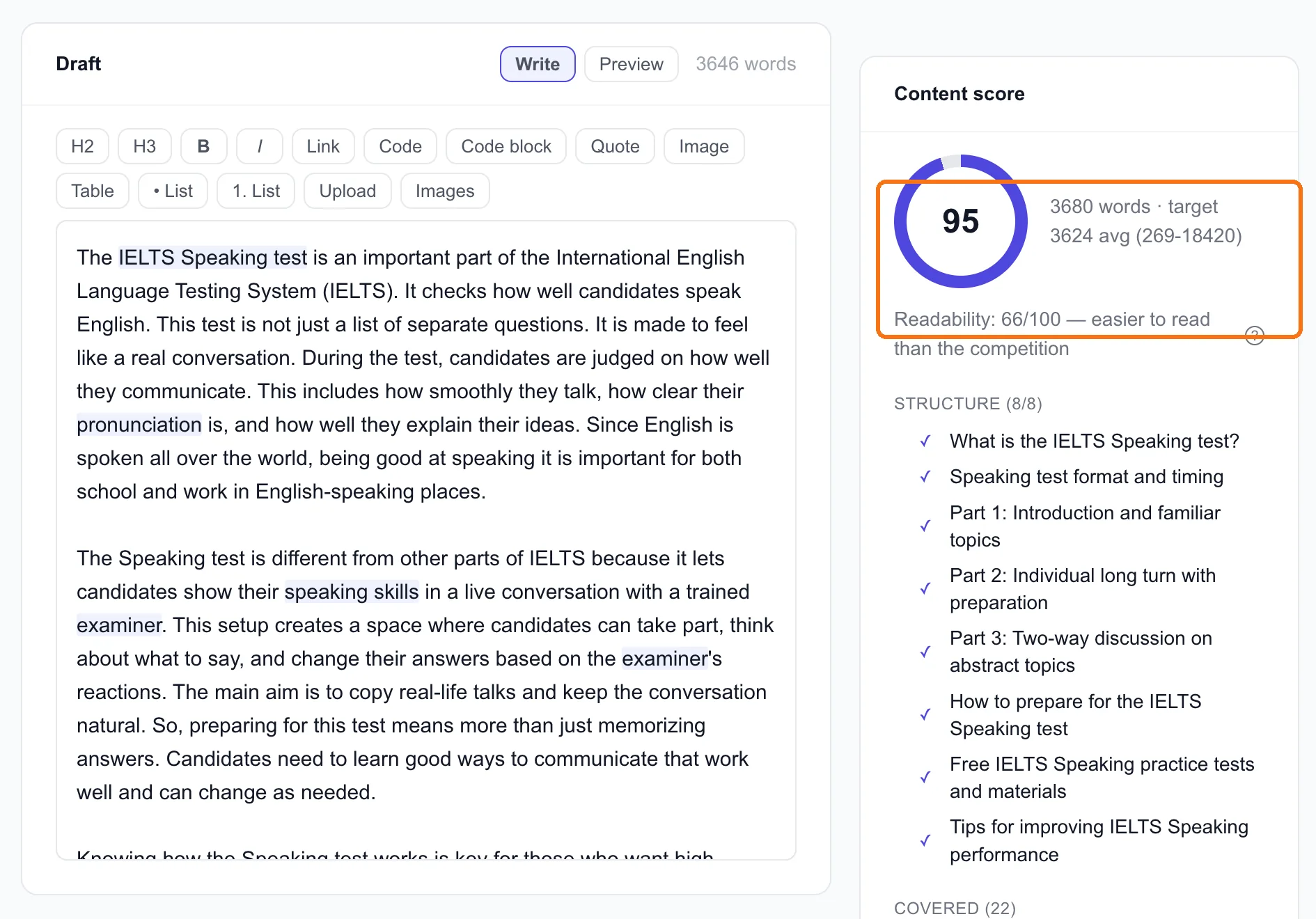 Our draft scoring 95: 3,680 words, readability 66, all 8 subtopics covered