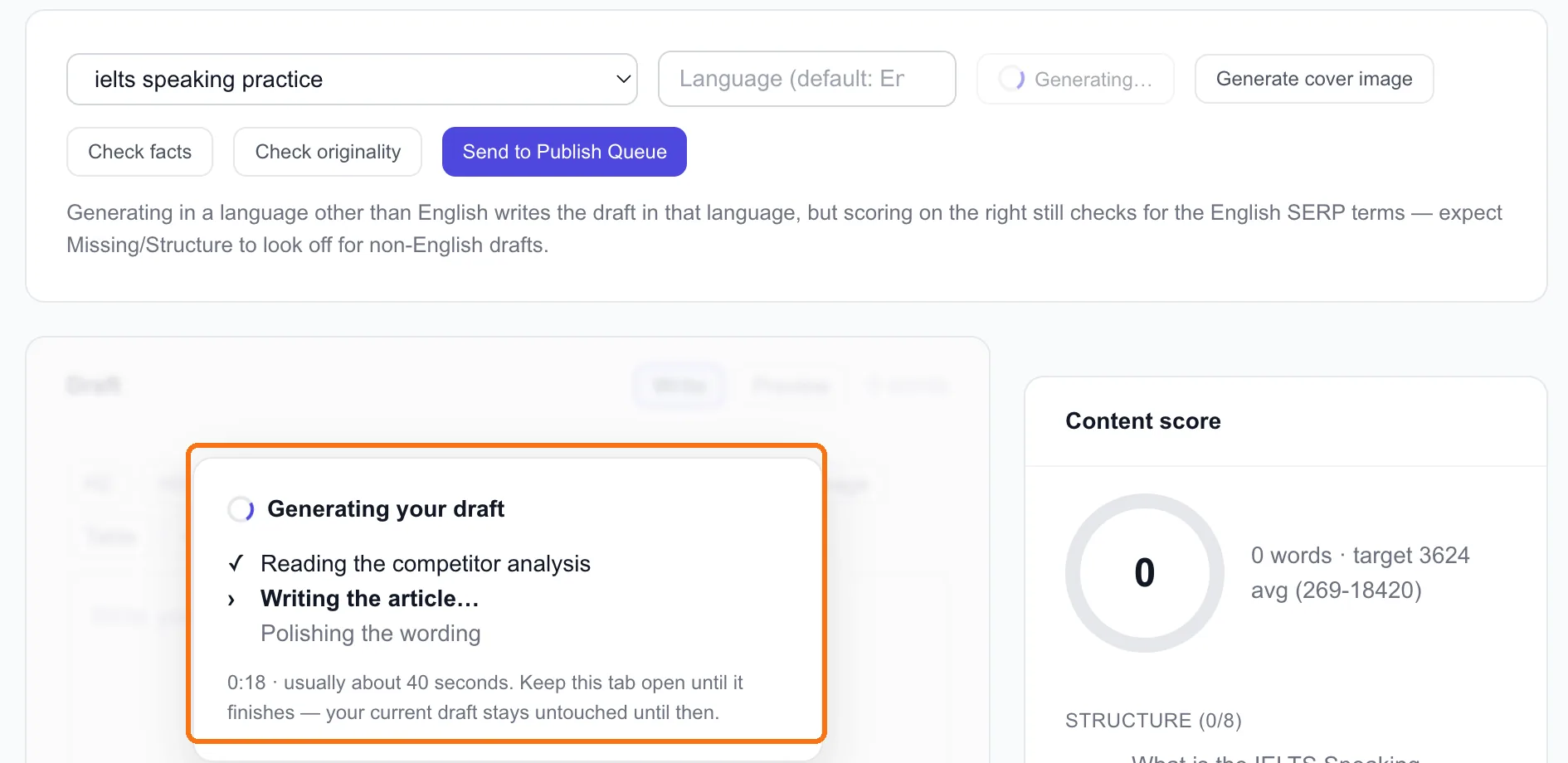 Generating: reading the competitor analysis, writing the article, polishing the wording