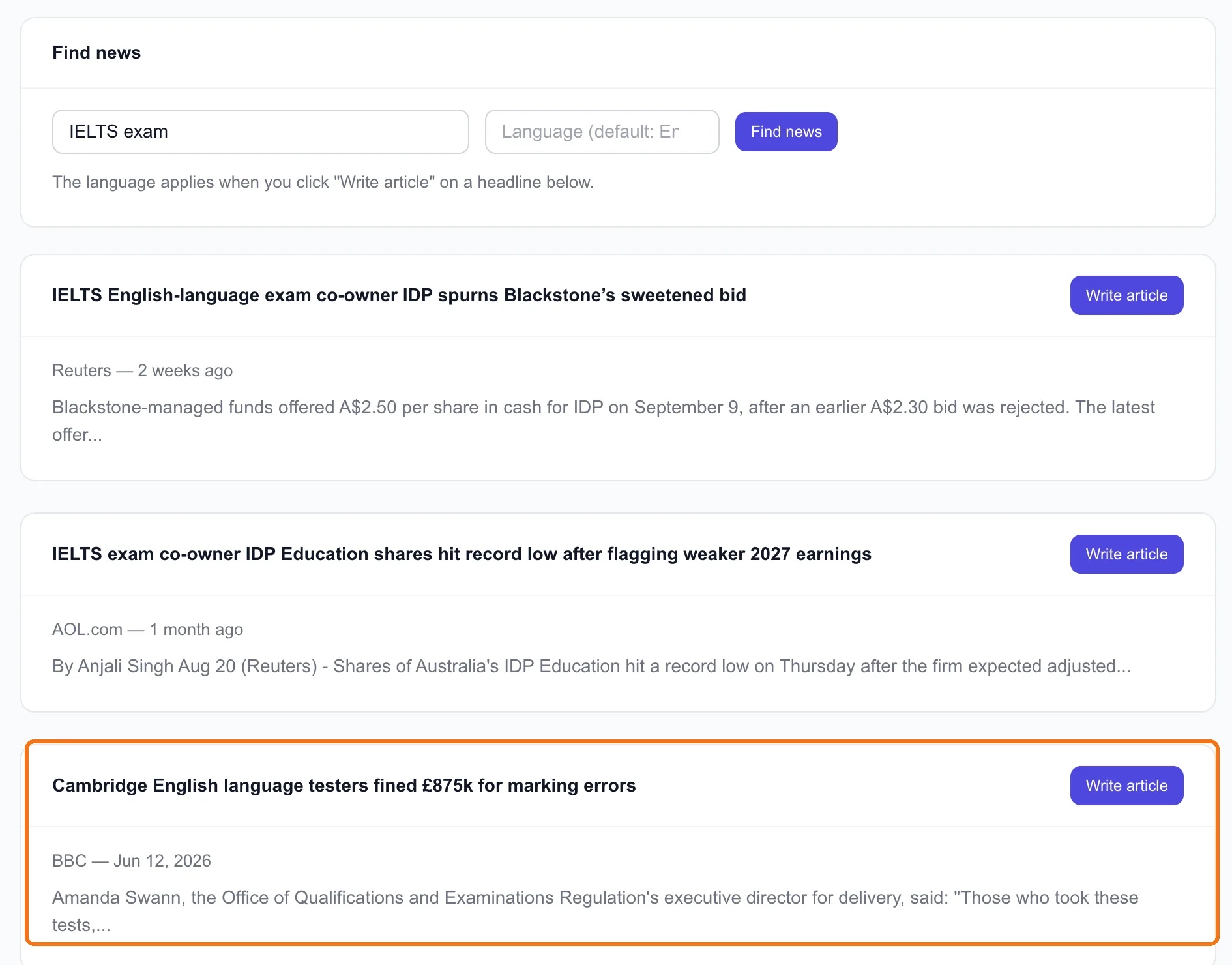 News results for "IELTS exam", with the story we turned into an article