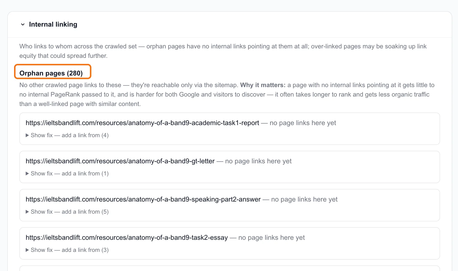280 of ieltsbandlift.com's 306 pages have no internal links pointing to them