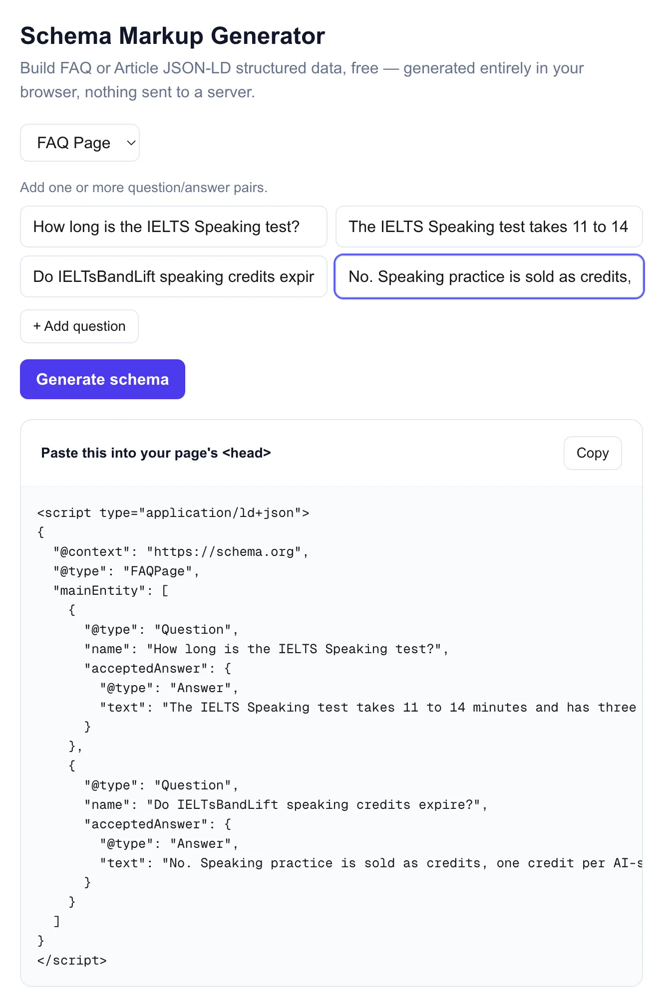 The free Schema Markup Generator, with two FAQ entries for IELTsBandLift