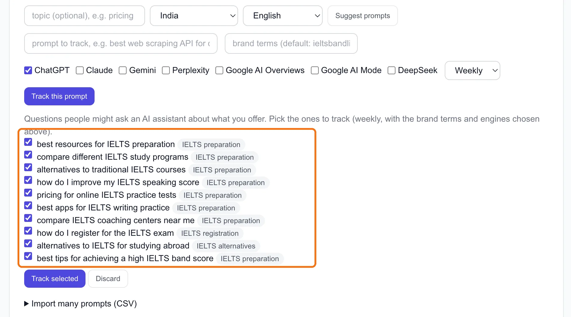 Suggest prompts for ieltsbandlift.com: ten questions, all ticked by default